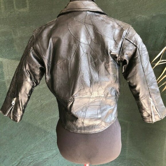 Vintage Diamond Plate Black Leather Crop Jacket Patchwork 3/4 Sleeve Size XS - Picture 3 of 6